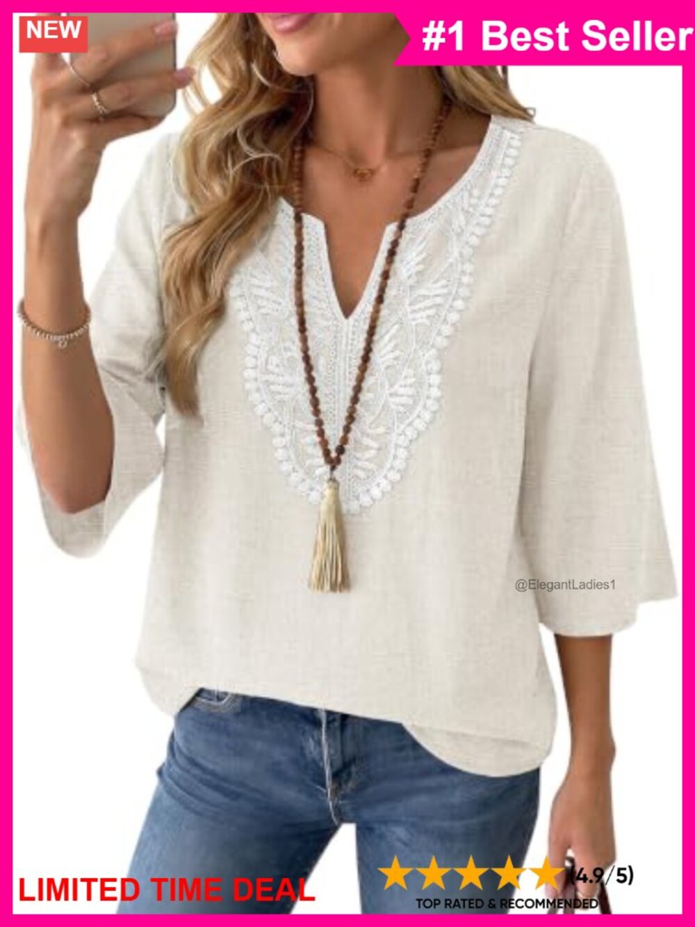 Linen Blend V-Neck Boho Blouse 3/4 Sleeve Lace Trim Casual Summer Top